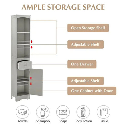 Tall Freestanding Bathroom Storage Cabinet with Drawer & Adjustable Shelf – Grey