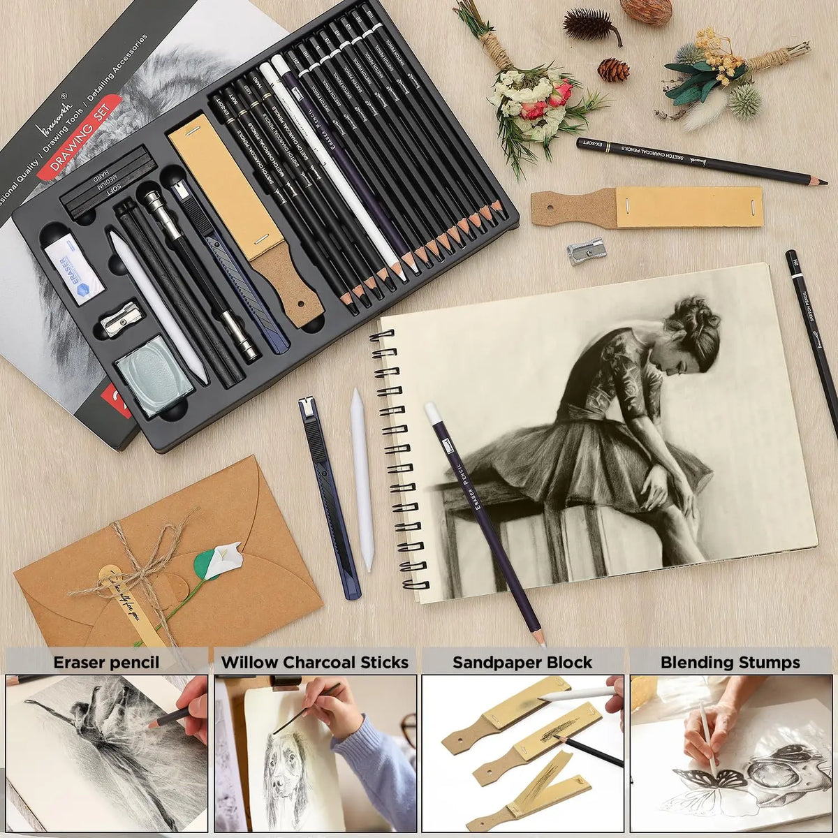 26-Piece Charcoal & Graphite Drawing Pencil Set – Professional Sketching, Shading & Blending Art Kit