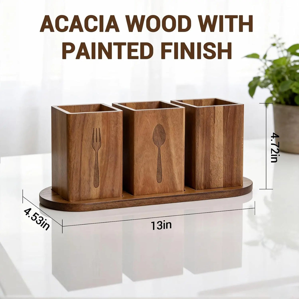 Acacia Wood Utensil Holder | 4-Compartment Silverware Caddy