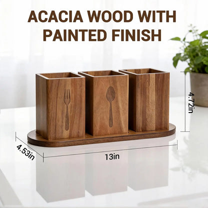 Acacia Wood Utensil Holder | 4-Compartment Silverware Caddy