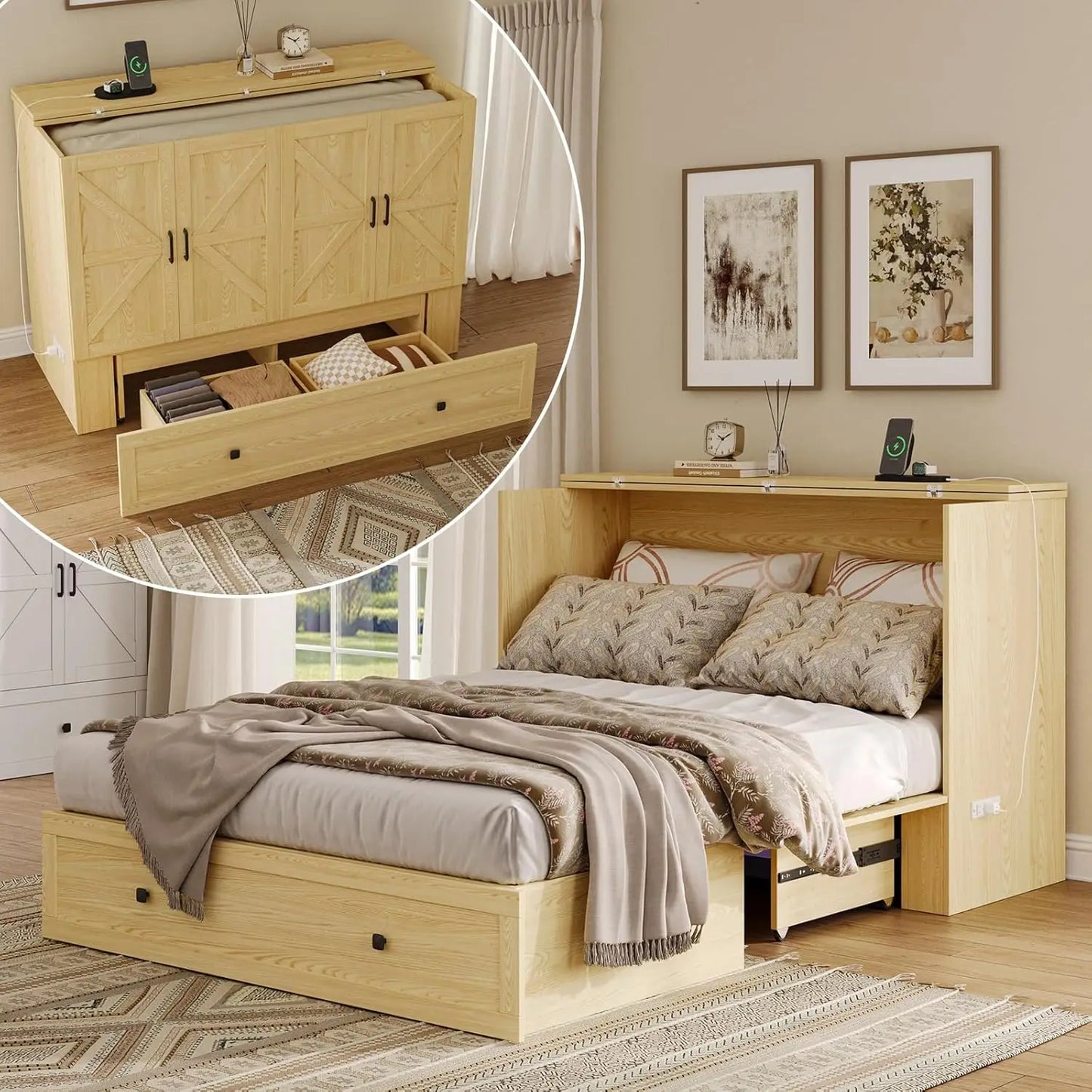 Wall Mounted Full-Size Murphy Bed with Foldable Panel and Charging Station