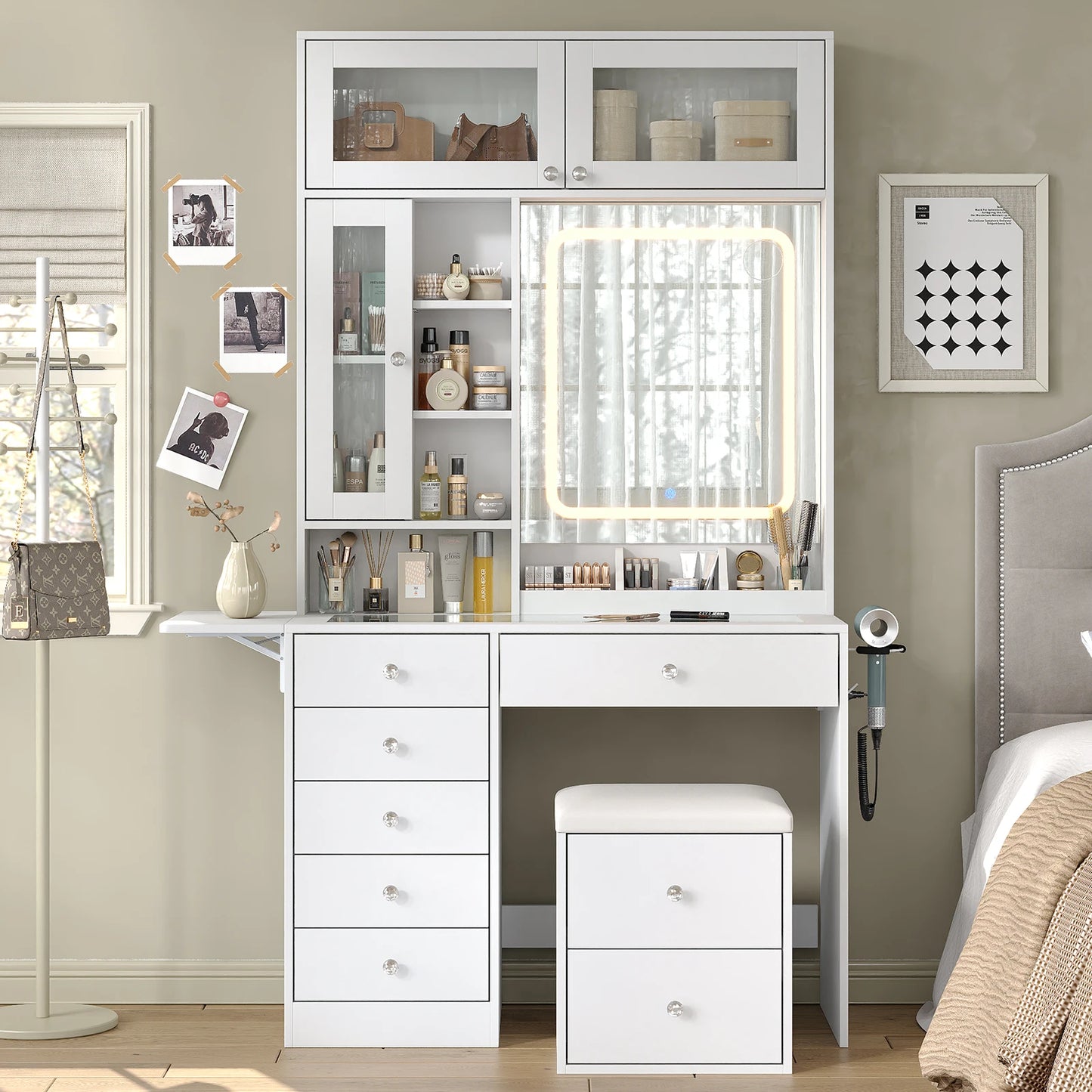 Lighted Vanity Desk with Mirror and Built-In Power Strip