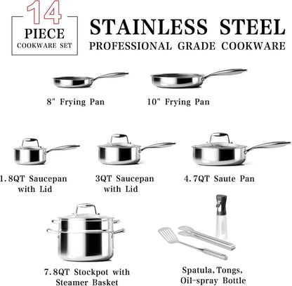 14-Piece Stainless Steel Cookware Set with Steamer Basket | Non-Toxic Pots & Pans