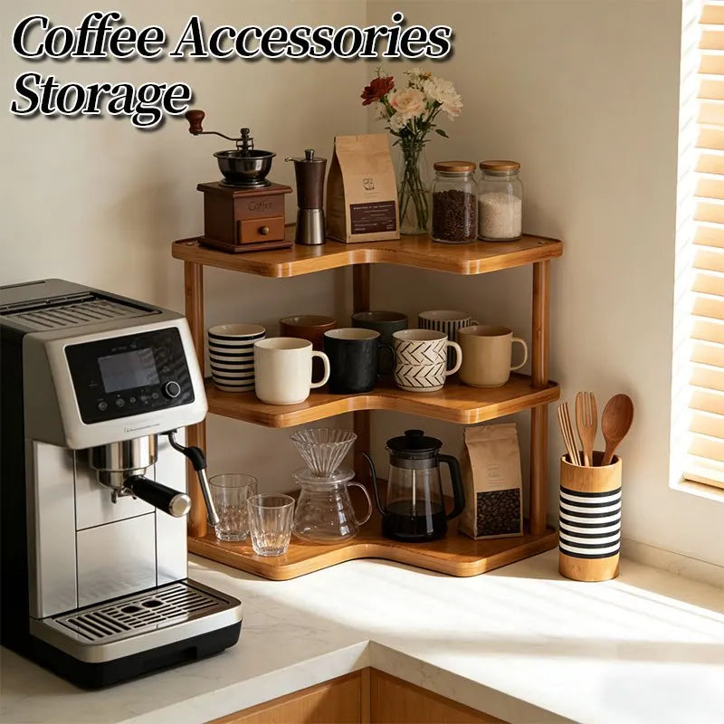 3-Tier Coffee Bar Storage Rack | Wooden Countertop Corner Shelving Organizer