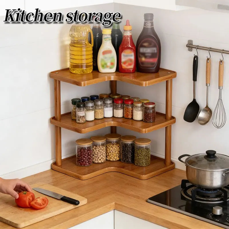 3-Tier Coffee Bar Storage Rack | Wooden Countertop Corner Shelving Organizer