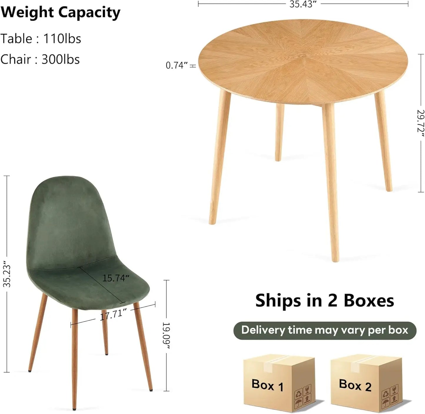 Small Round Oak Dining Table with 4 Velvet Chairs