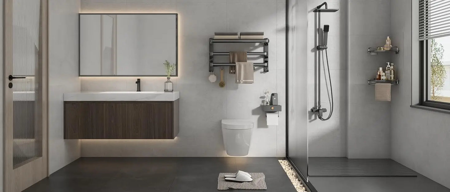 24-Inch Foldable Bathroom Towel Rack with Shelf, Dual Bars & 7 Hooks