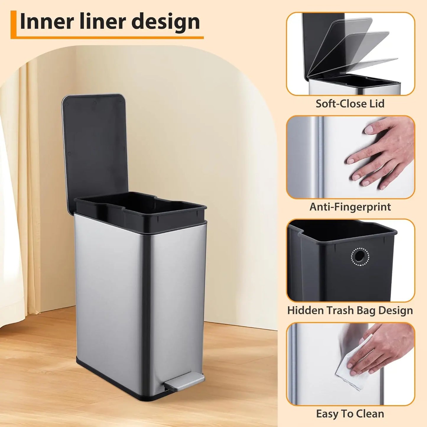 Stainless Steel Soft Close Trash Can with Pedal