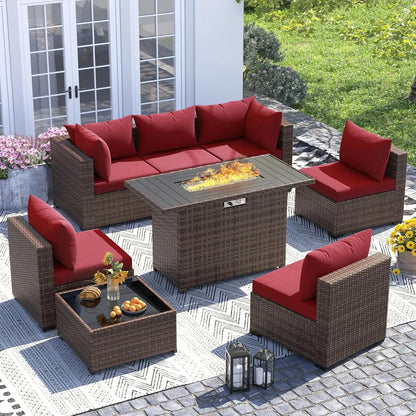8-Piece Patio Furniture Set with Fire Pit Table | Outdoor Wicker Sectional Sofa