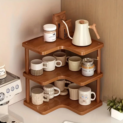3-Tier Coffee Bar Storage Rack | Wooden Countertop Corner Shelving Organizer