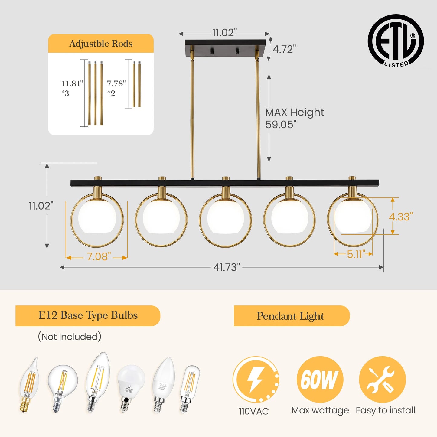 Modern 5-Light Chandelier with Glass Shades