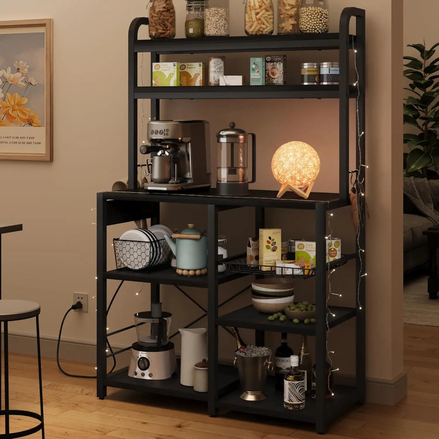 Spacious Steel Framed Bakers Rack with Power Strip