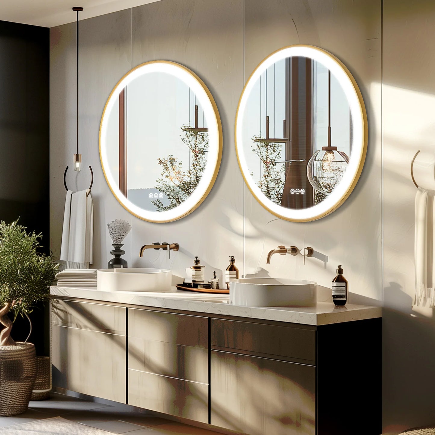 Gold-Framed Round Lighted Bathroom Mirror
