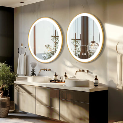 Gold-Framed Round Lighted Bathroom Mirror