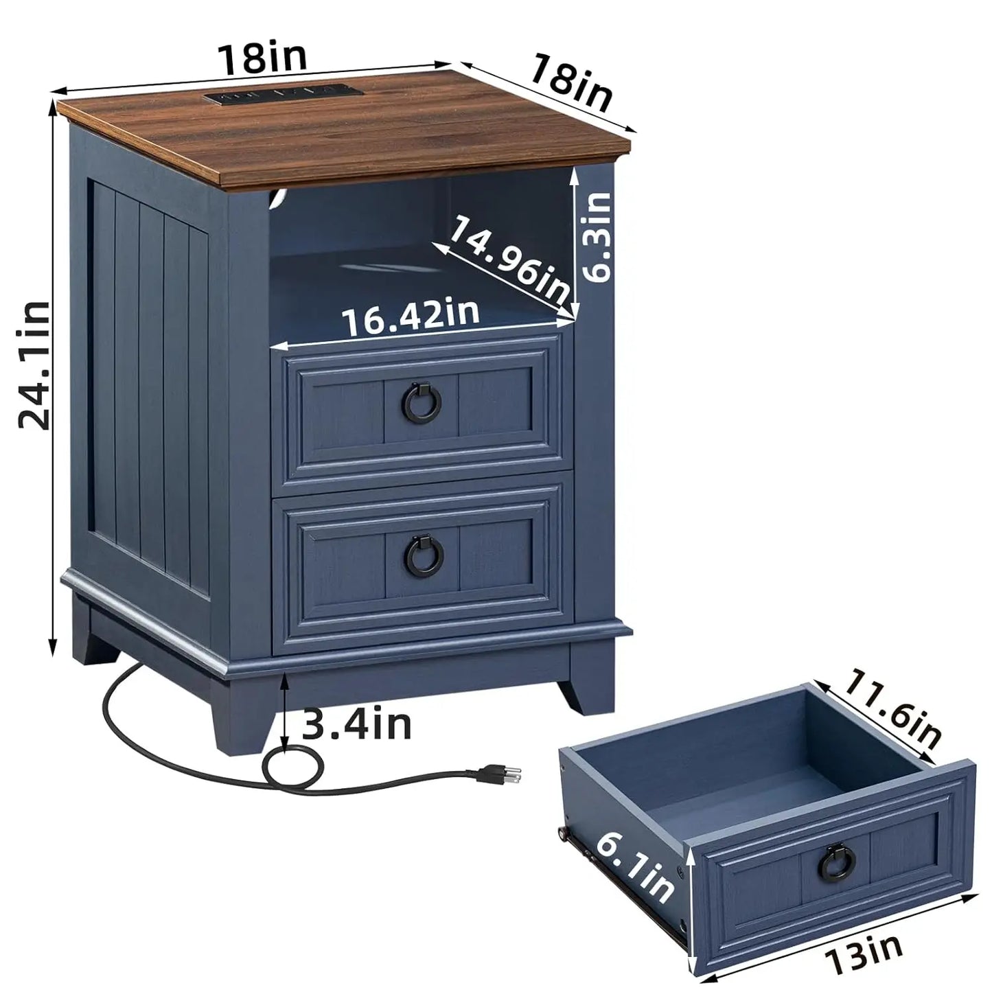 Farmhouse Style Night Stands, Set of 2, with Charging Stations