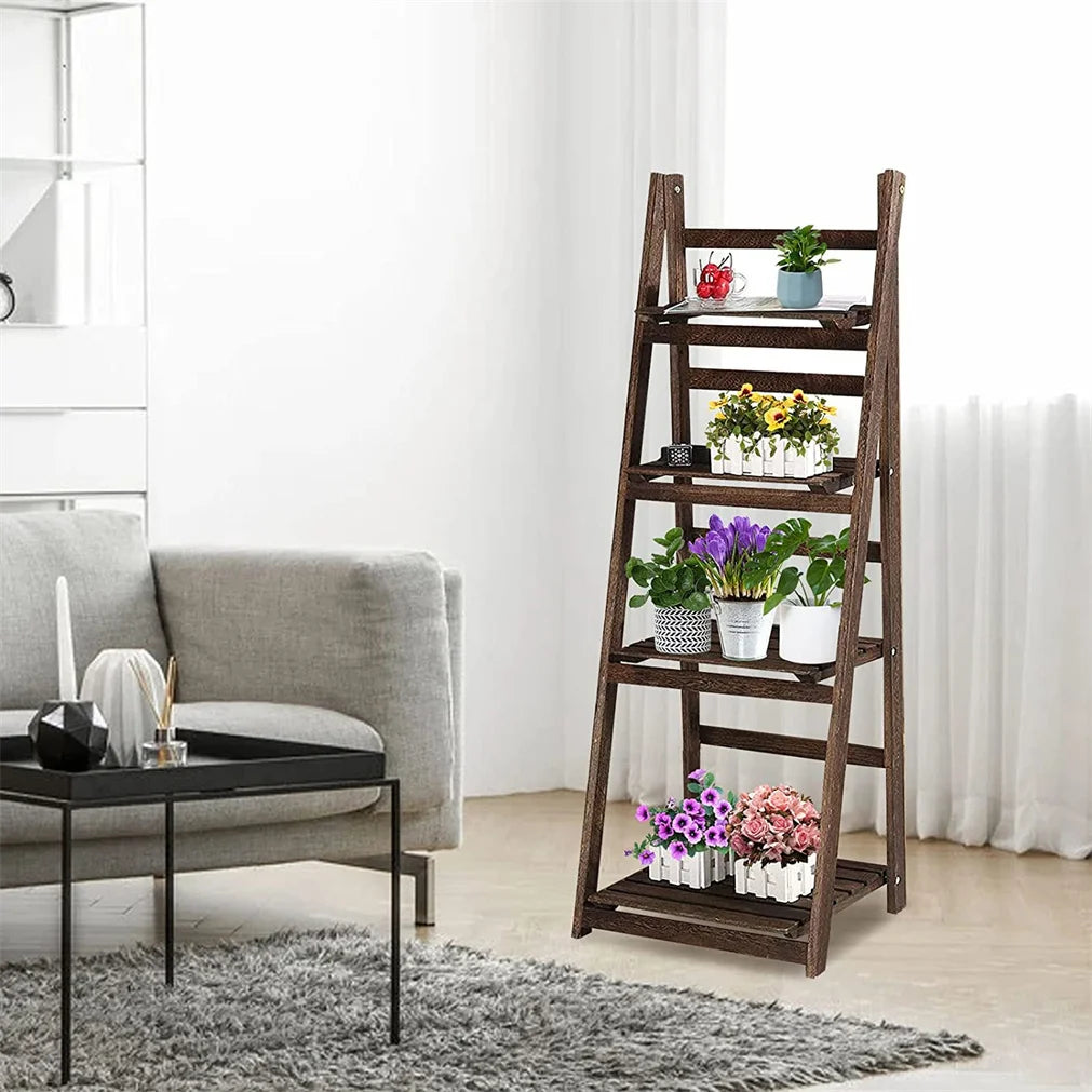 Folding 4-Tier Wooden Ladder Display Shelf