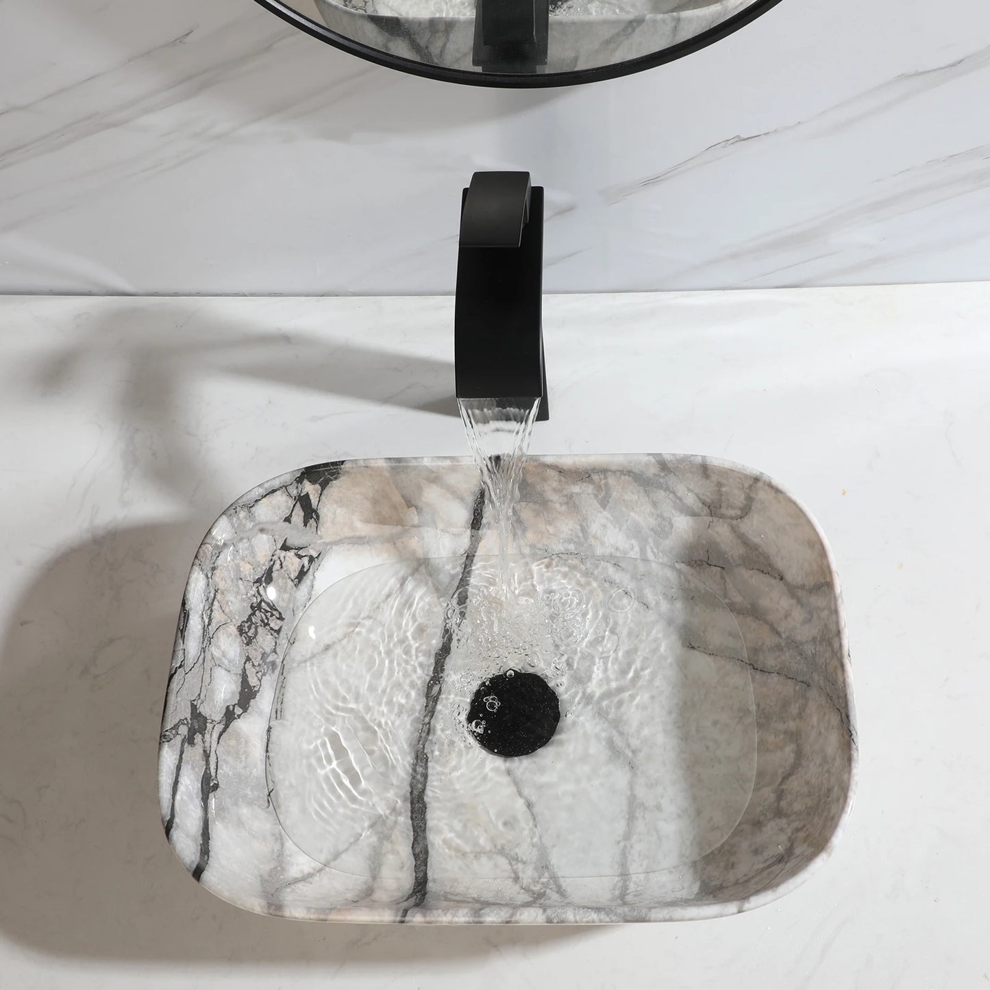 Marble Pattern Ceramic Bathroom Vessel Sink with Faucet