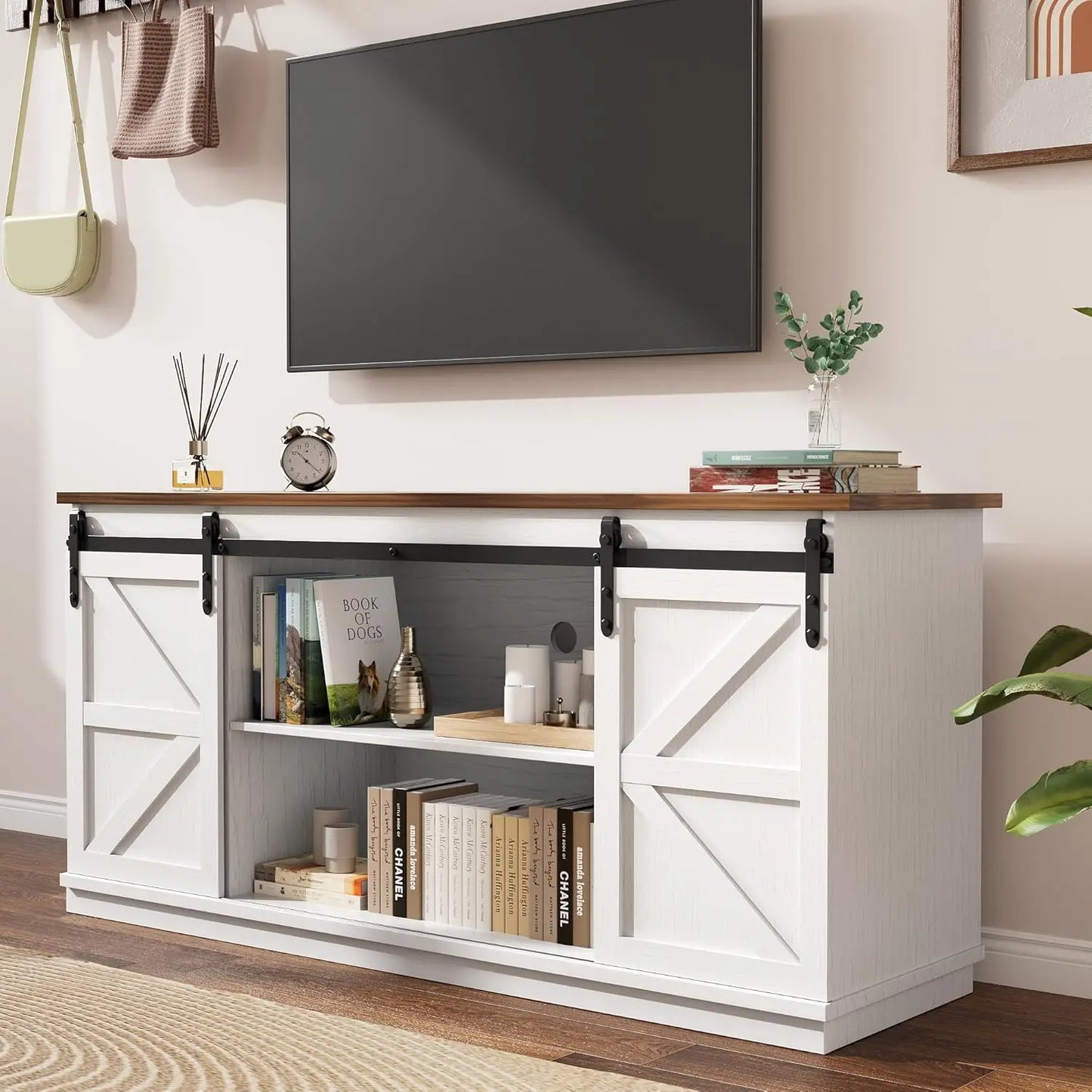 Farmhouse  Style TV Stand with Sliding Barn Doors