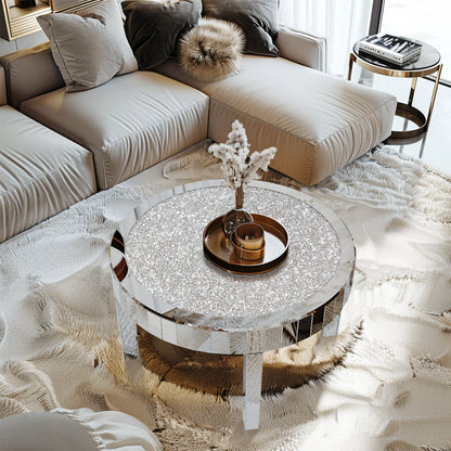 Silver Accent Table with Mirror Surface & Crystal Inlay