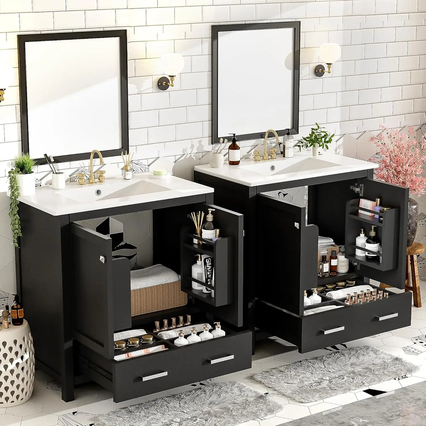 Solid Wood Dual Basin Bathroom Vanity