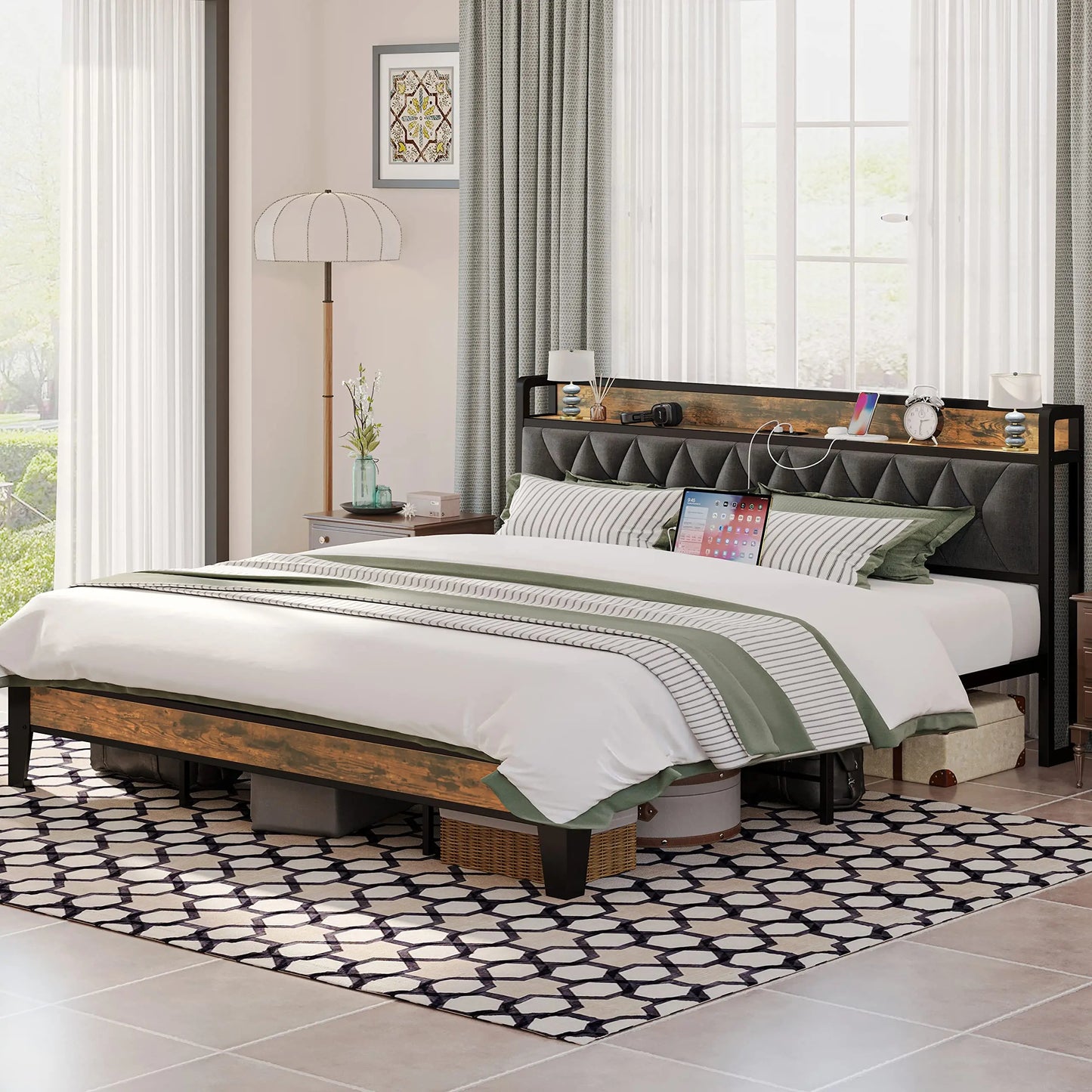Sturdy & Stylish Bed Frame & Headboard with Power Strip