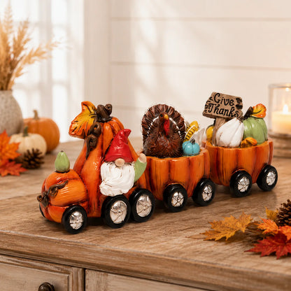 Thanksgiving Pumpkin Train Figurine | Fall Harvest Tabletop Décor