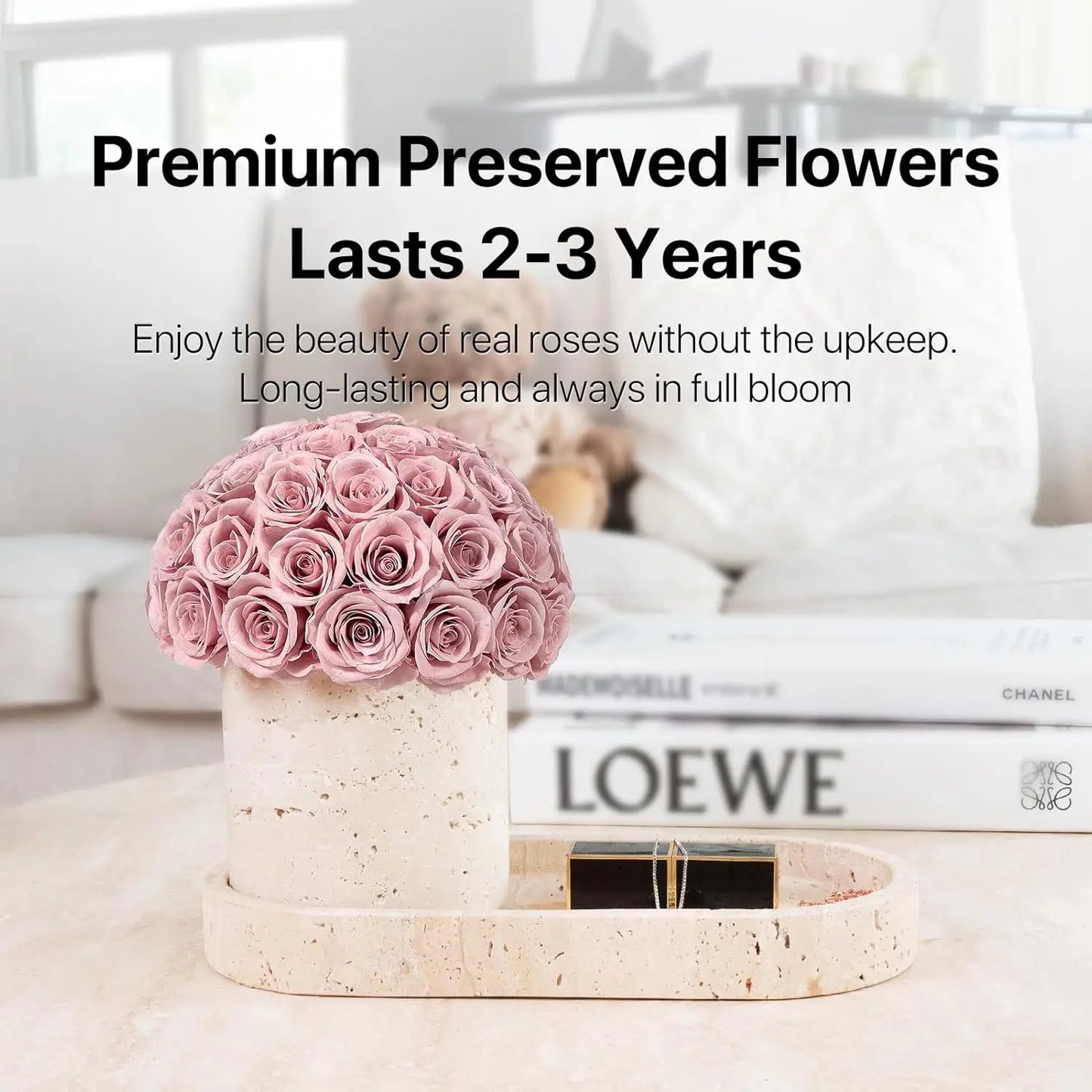 Elegantly Preserved Roses with Travertine Stone Vase and Tray