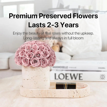 Elegantly Preserved Roses with Travertine Stone Vase and Tray