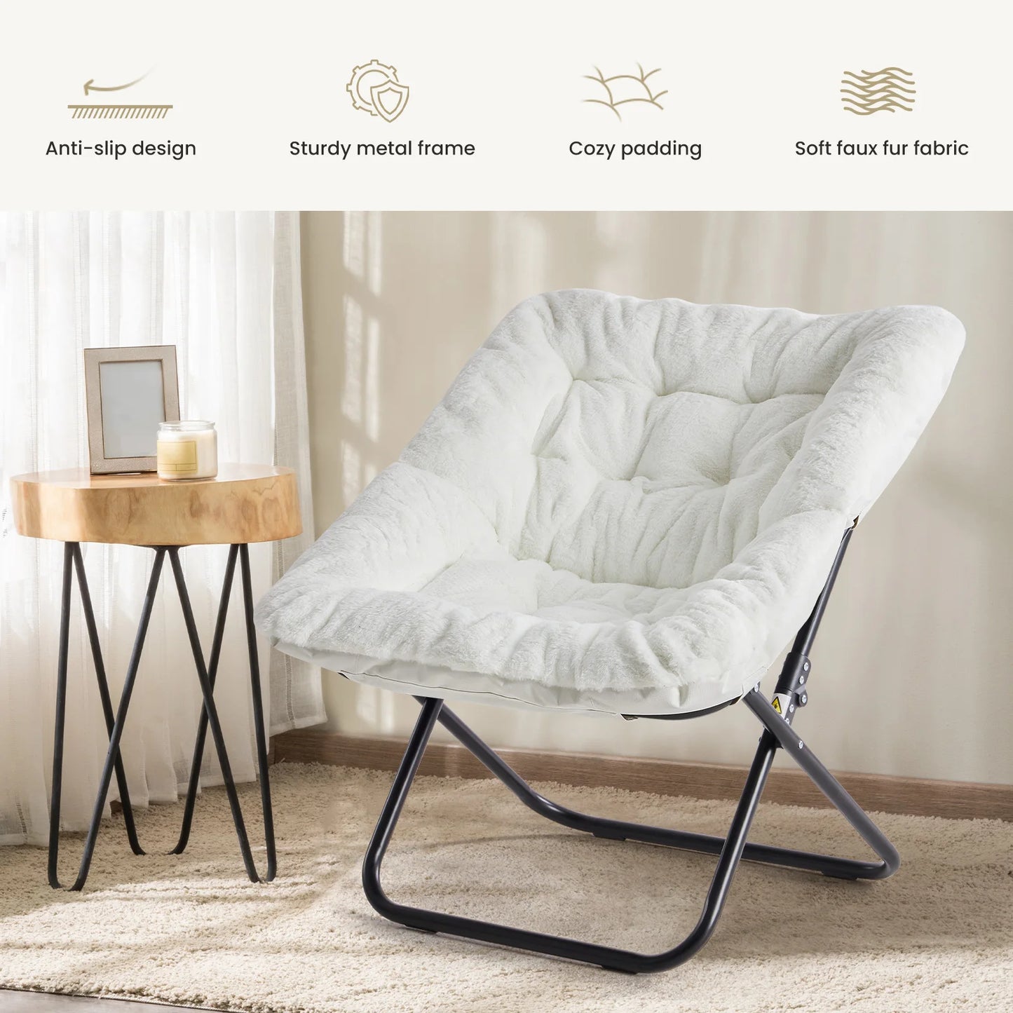 Cozy Folding Saucer Chair with Soft Faux Fur