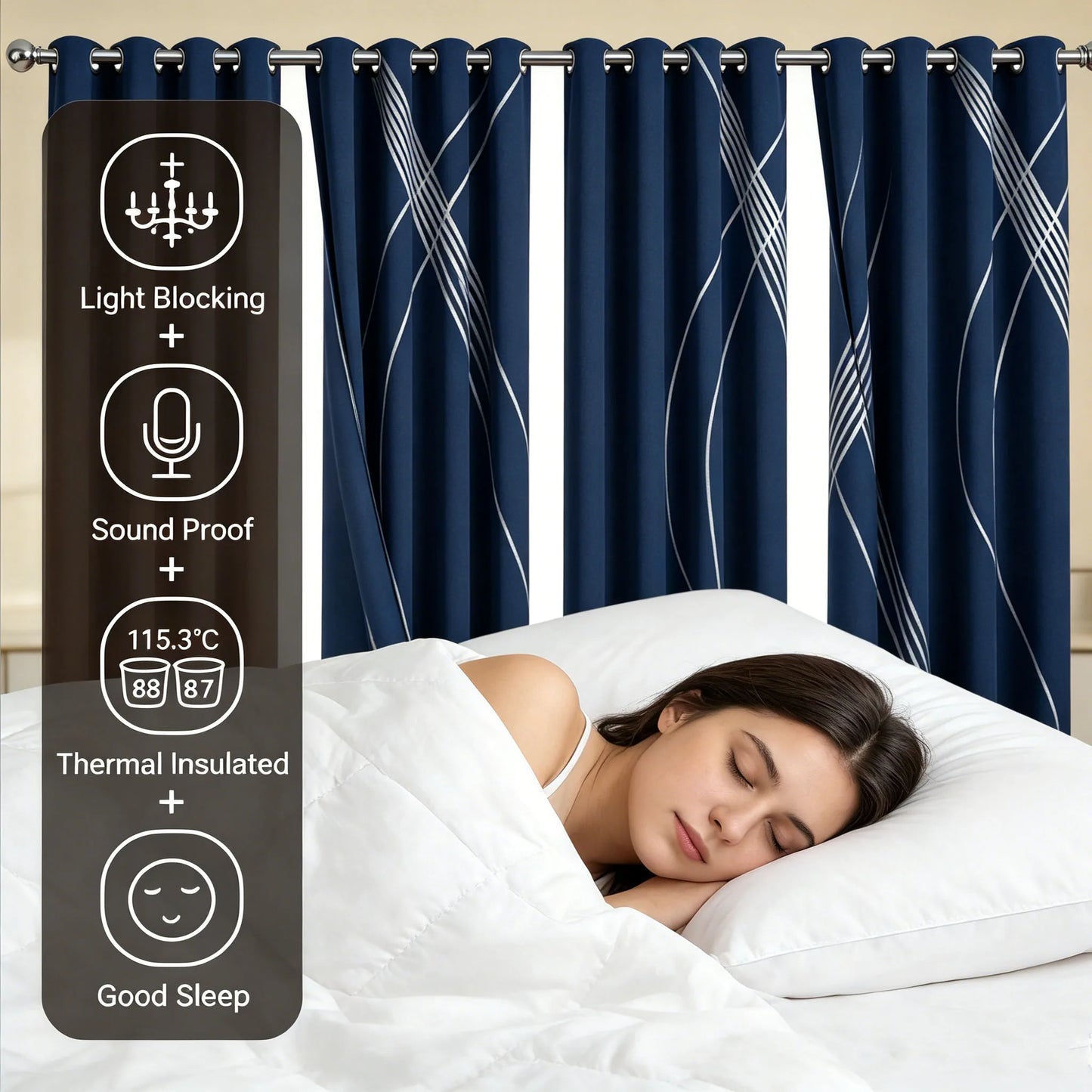 4-Panel Blackout Curtains with Silver Wave Foil Print | Thermal Insulated Drapes
