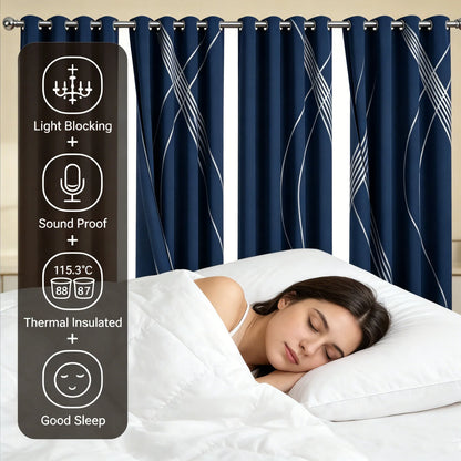 4-Panel Blackout Curtains with Silver Wave Foil Print | Thermal Insulated Drapes