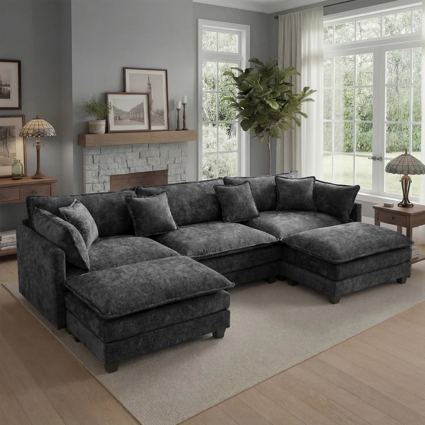 Modular Sectional Sofa with Ottoman Solid Wood Frame and Deep Seating